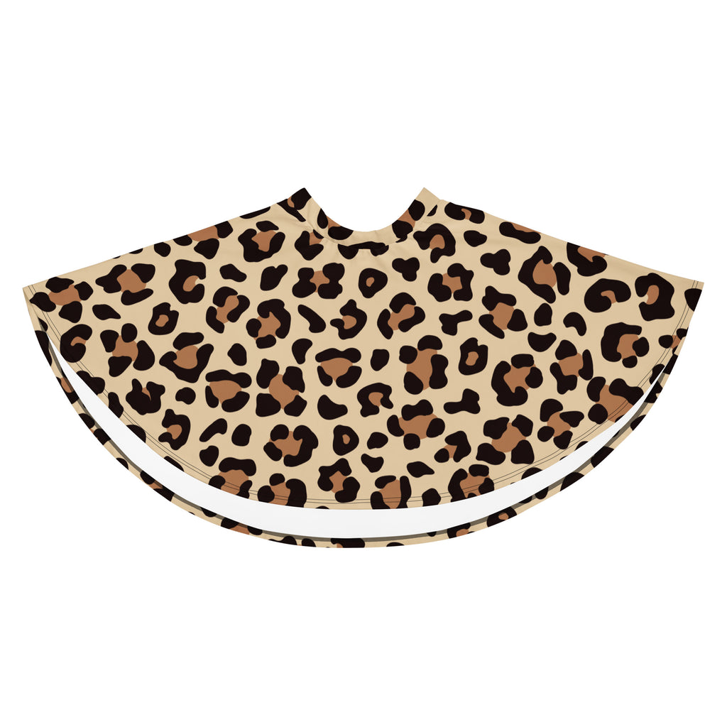 Beige leopard print hair cape with black and brown spots and white inner lining for stylish hair protection