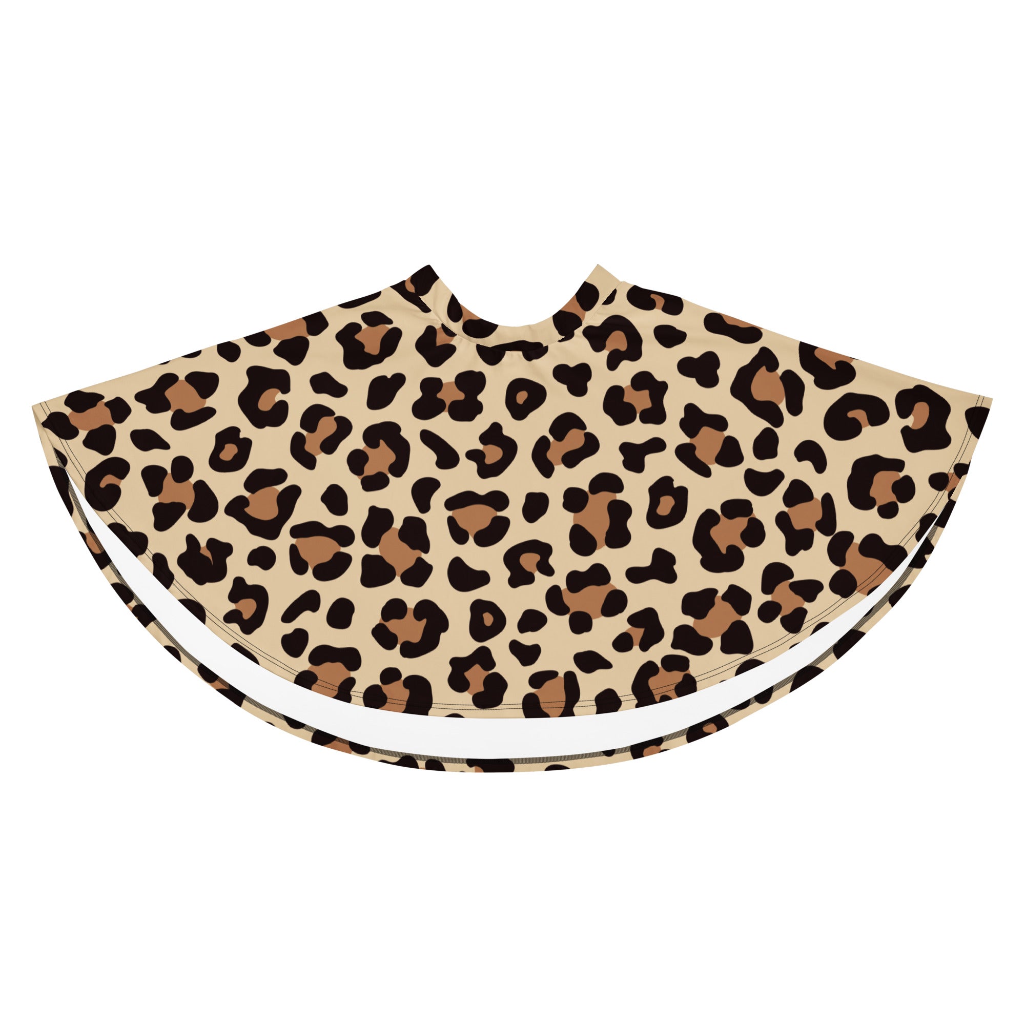 Beige leopard print hair cape with black and brown spots and white inner lining for stylish hair protection