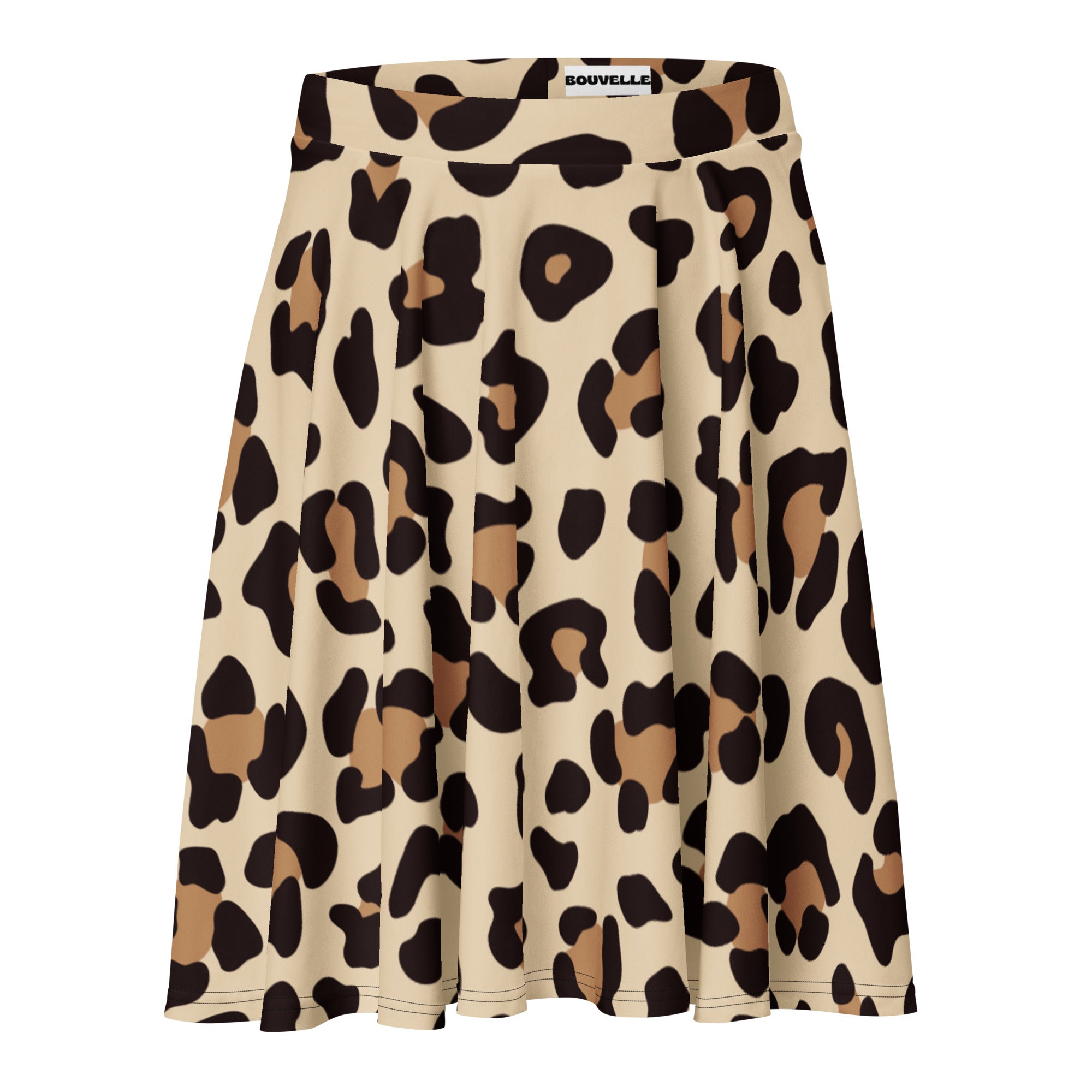 A beige leopard print pleated skater skirt with black and tan spots high waisted with branded bouvelle waistband