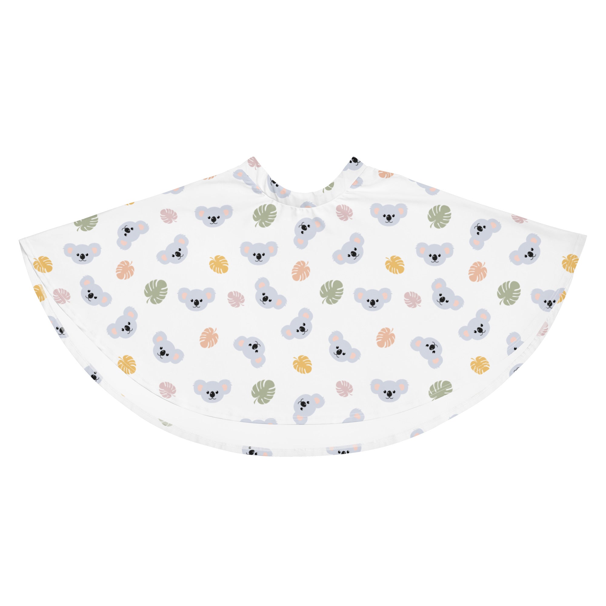 White children’s cape with playful gray koalas and muted tropical leaves pattern in soft green yellow and pink tones