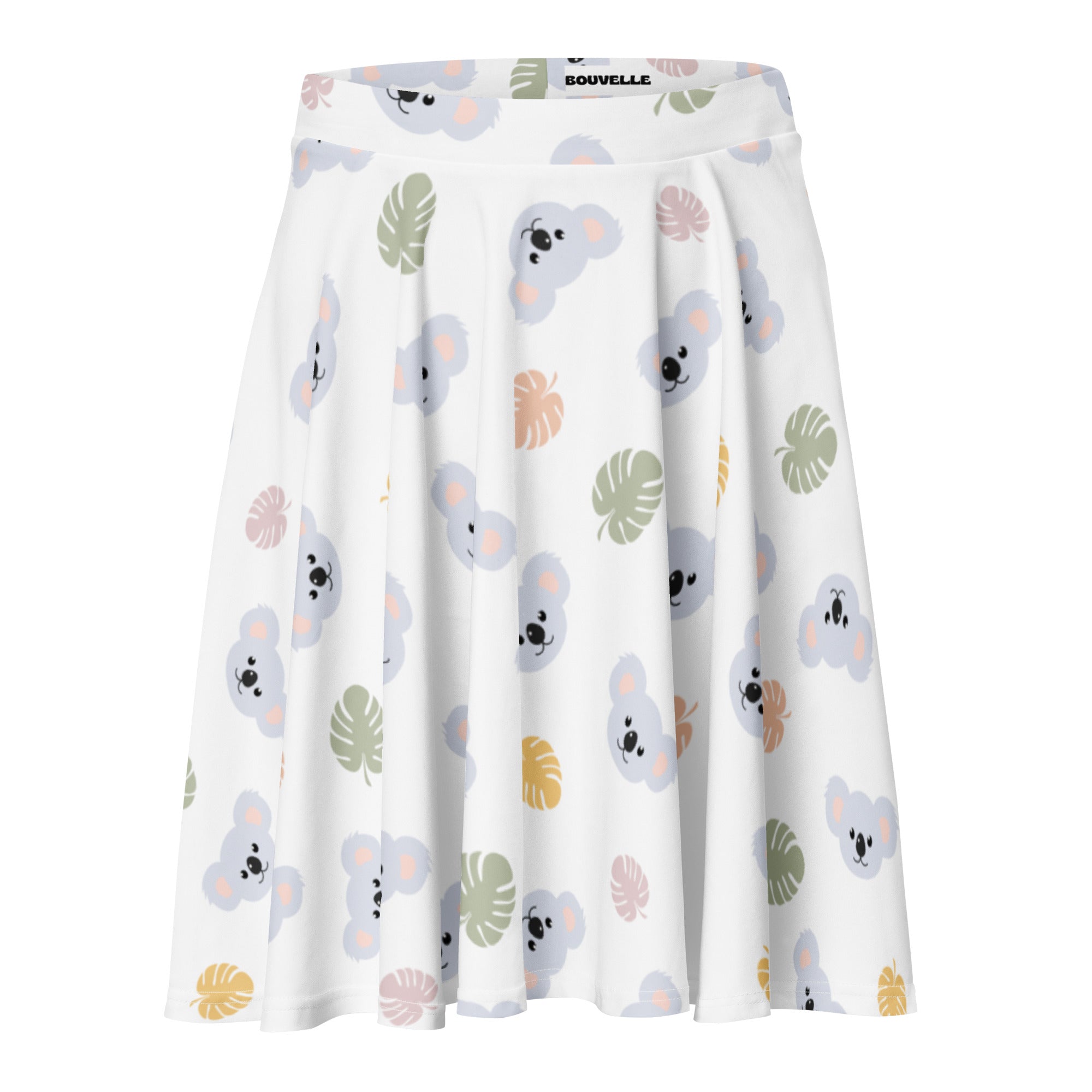 White pleated women’s koala print skater skirt with pastel tropical pattern flowy high waisted recycled fabric upf 50+
