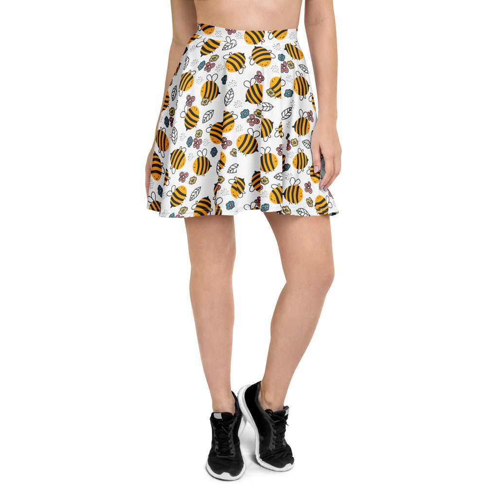 White flared women’s skater skirt with yellow bumblebee floral pattern flowy high waisted recycled fabric upf 50+