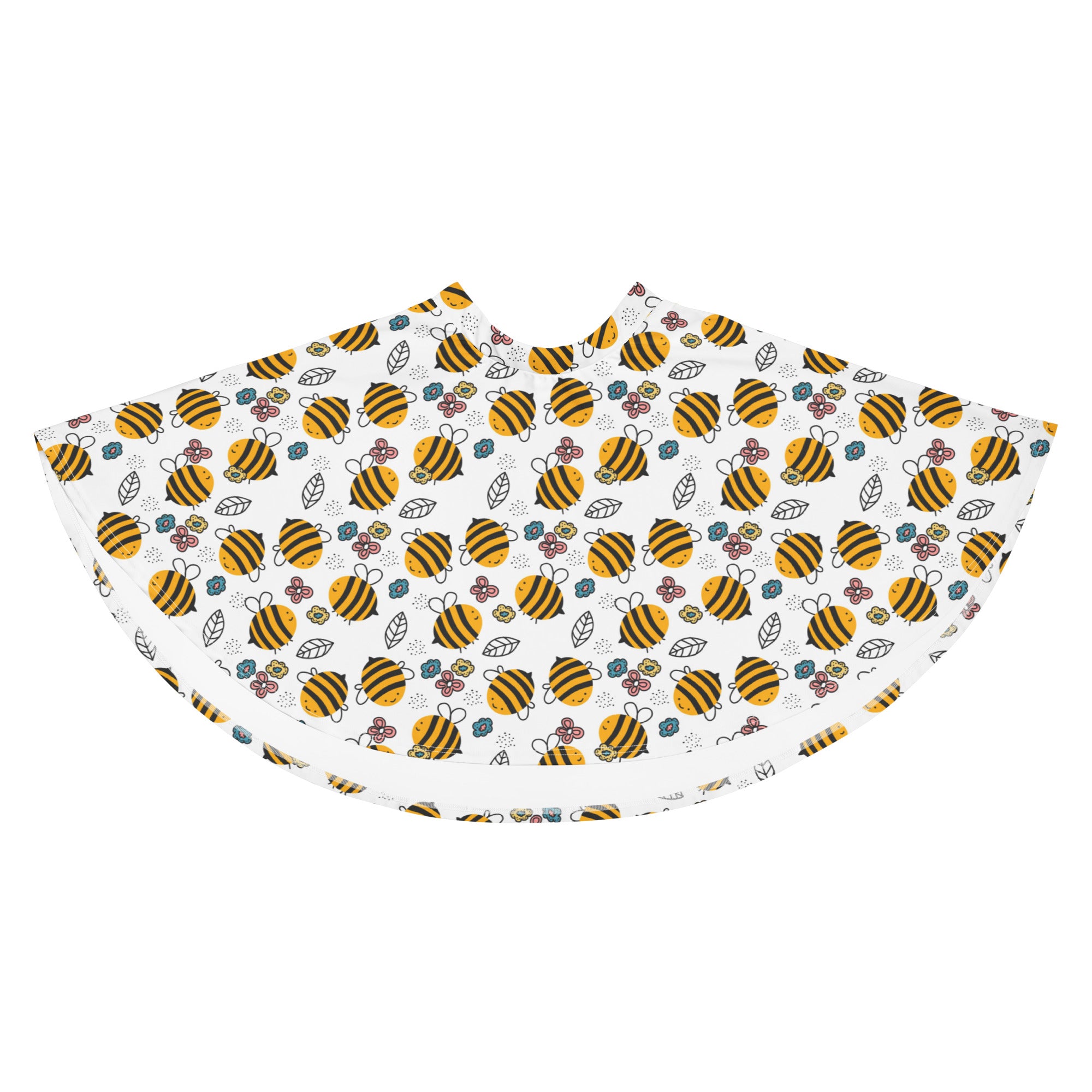 White cape-style garment with yellow bumblebee floral pattern made from recycled fabric with UPF 50 plus protection