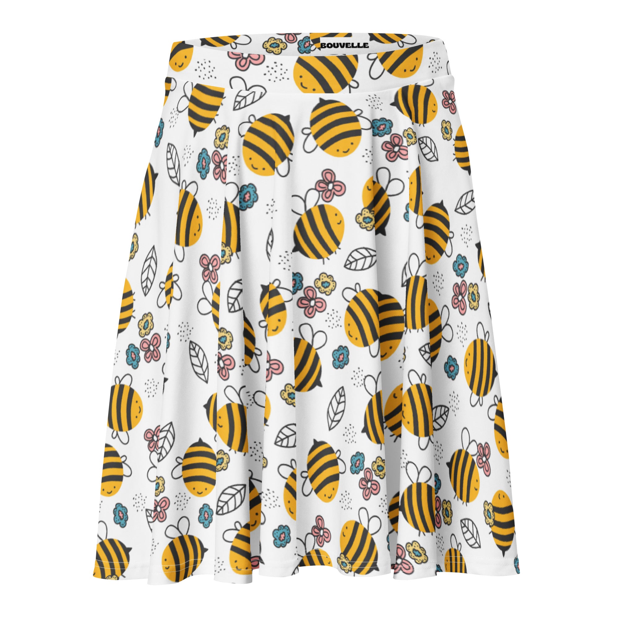 White pleated women’s skater skirt with yellow bumblebee and floral pattern high waisted flowy recycled fabric