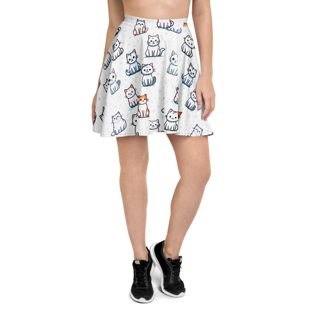 White women’s skater skirt with playful cartoon cat pattern high waisted flowy fabric upf 50 plus recycled material
