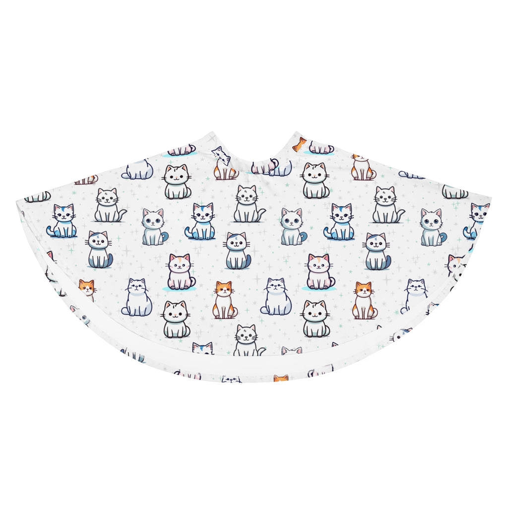 A white christmas tree skirt with colorful cartoon cats in various poses made from recycled fabric