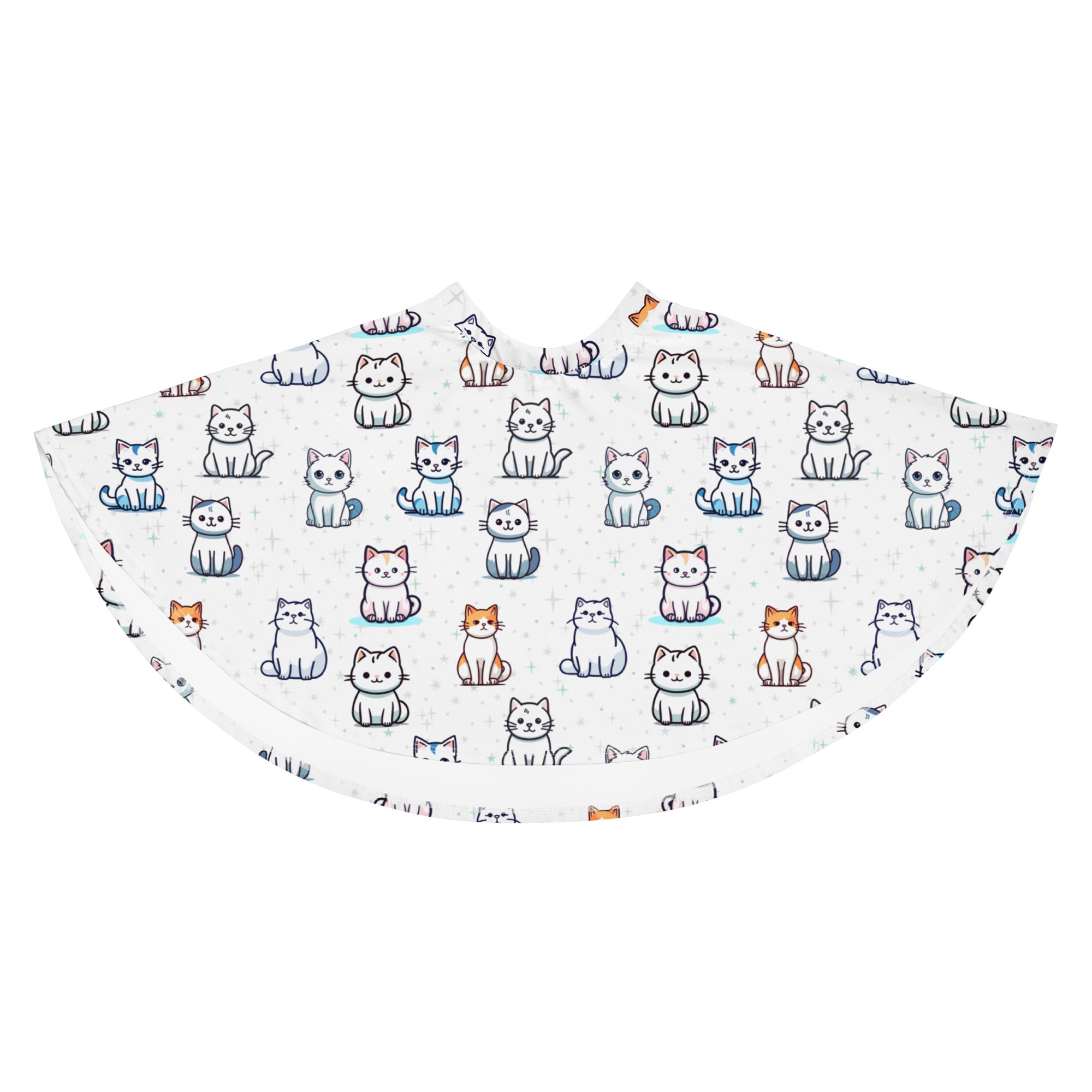 A white christmas tree skirt with colorful cartoon cats in various poses made from recycled fabric