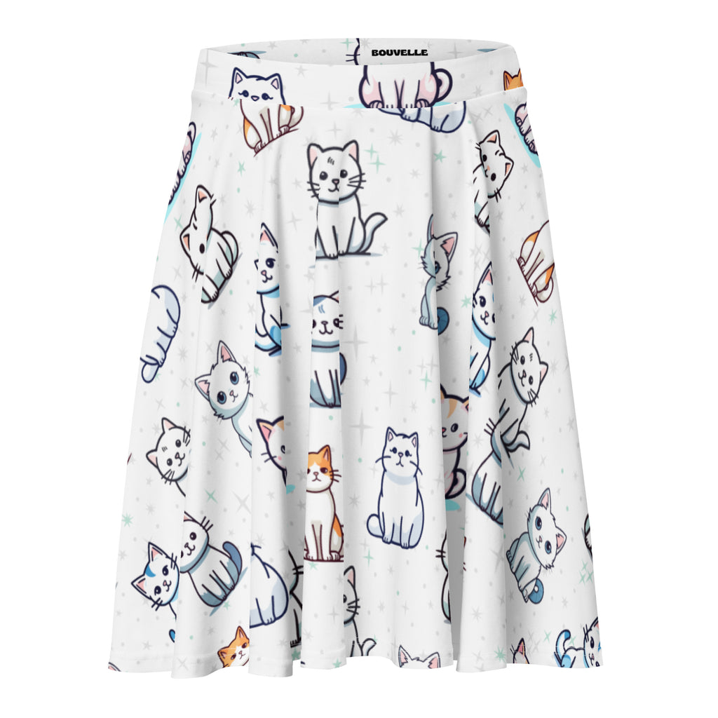 Women’s white pleated cat print skater skirt with playful cartoon cats in gray orange and blue made from recycled fabric