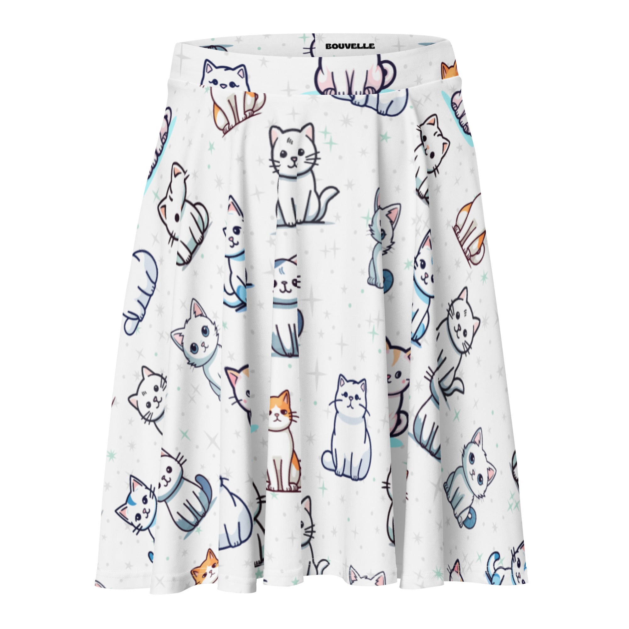 Women’s white pleated cat print skater skirt with playful cartoon cats in gray orange and blue made from recycled fabric