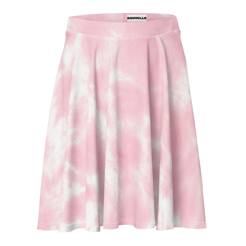 Women’s pink and white tie dye pleated skater skirt by Bouvelle with flowy high waist UPF 50 plus recycled fabric