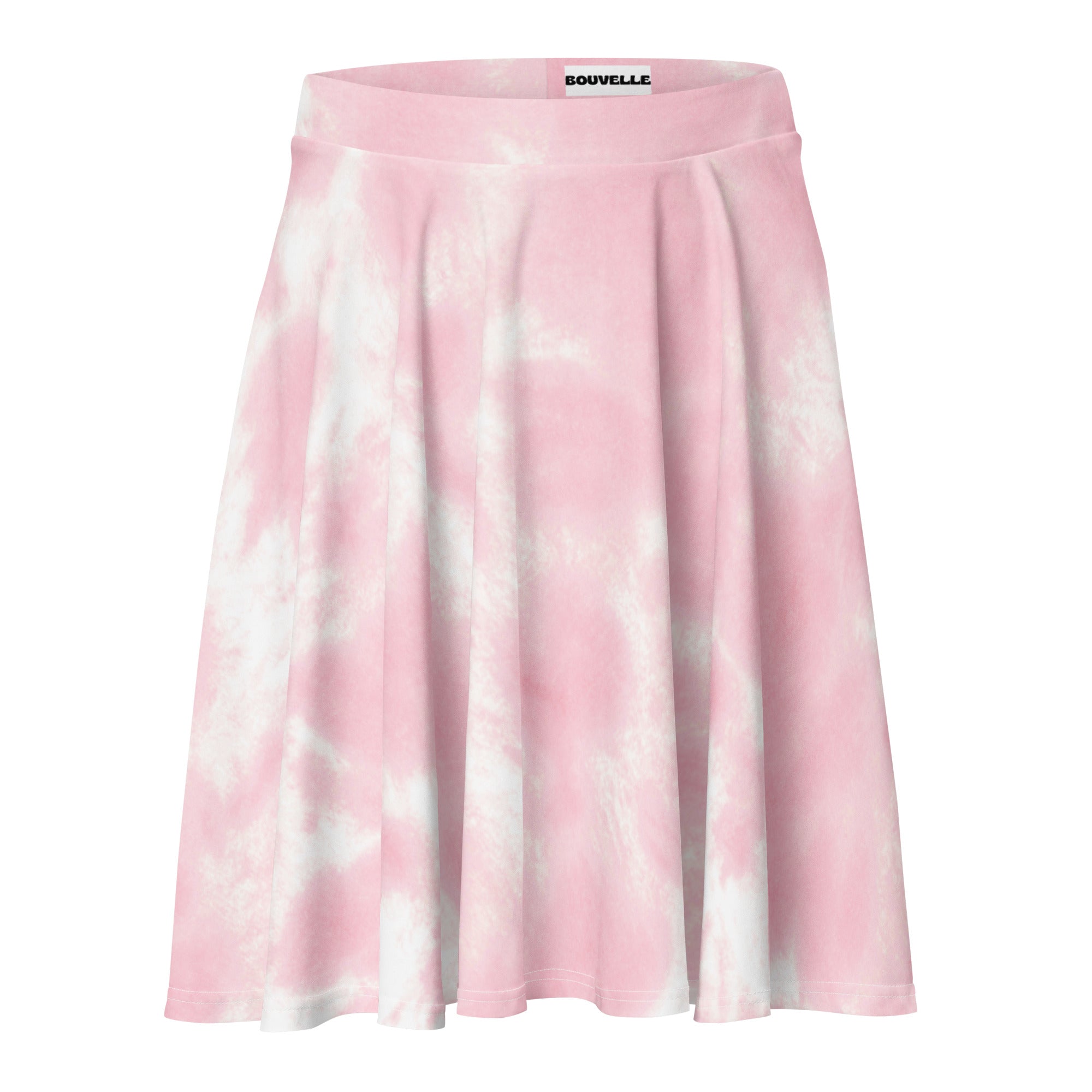 Women’s pink and white tie dye pleated skater skirt by Bouvelle with flowy high waist UPF 50 plus recycled fabric