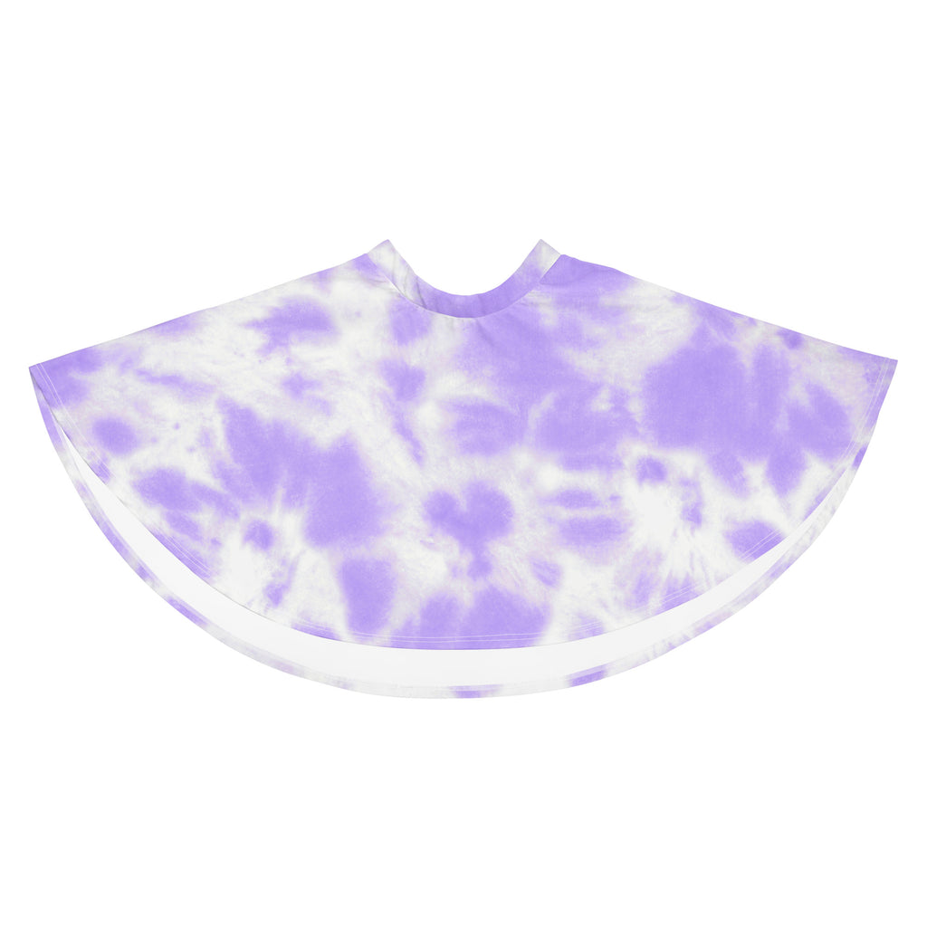 A lavender and white tie dye fabric cape with a rounded neckline paired with a women’s purple tie dye skater skirt