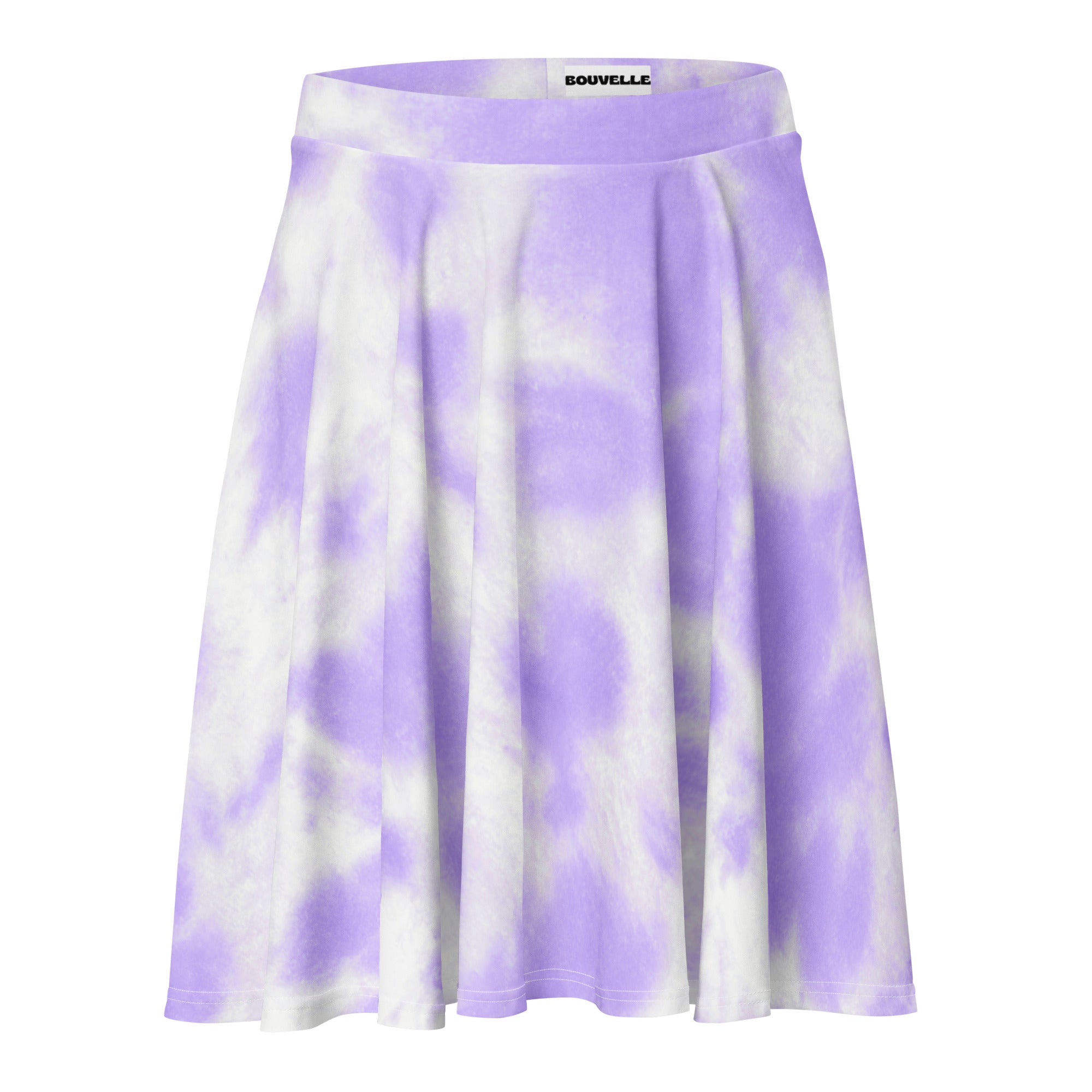 Women’s purple lavender and white tie dye pleated skater skirt by bouvelle with flowy high waist upf 50 plus recycled fabric