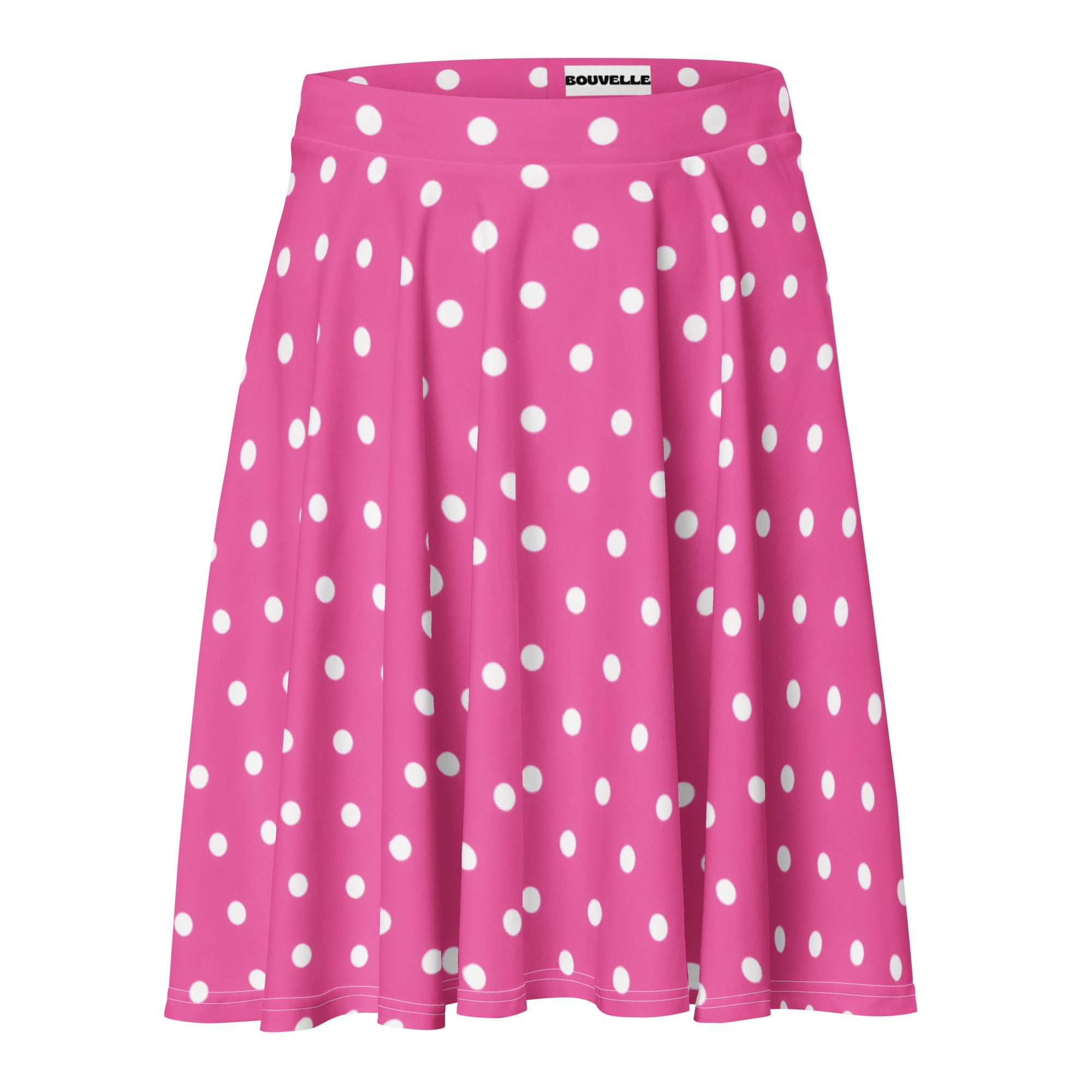 Women’s pink polka dot skater skirt with elastic waistband, pleated flowy design, upf 50 plus and recycled fabric by Bouvelle
