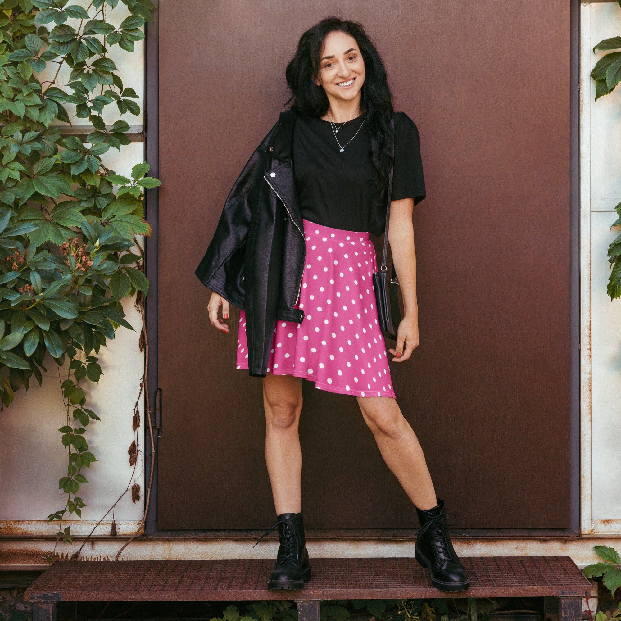 Women’s pink polka dot skater skirt flowy high waisted with upf 50 plus made from recycled fabric front view