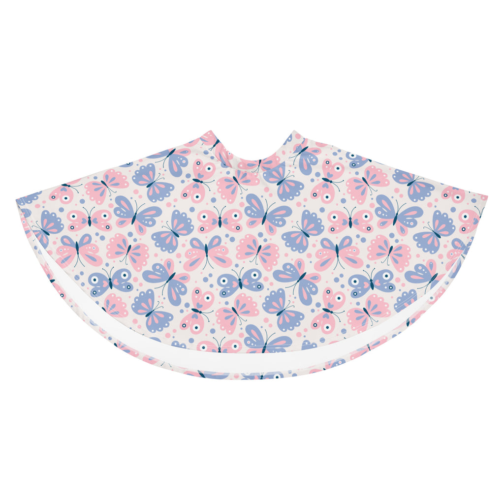 A soft white fabric cape with playful pink and blue butterfly print complements the women’s butterfly print skater skirt