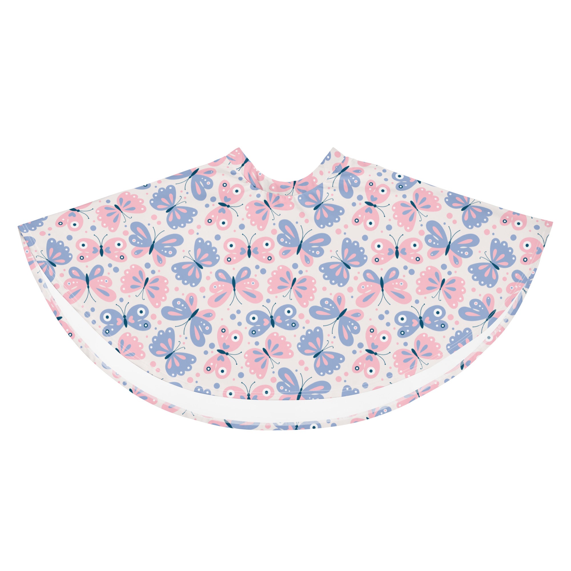 A soft white fabric cape with playful pink and blue butterfly print complements the women’s butterfly print skater skirt