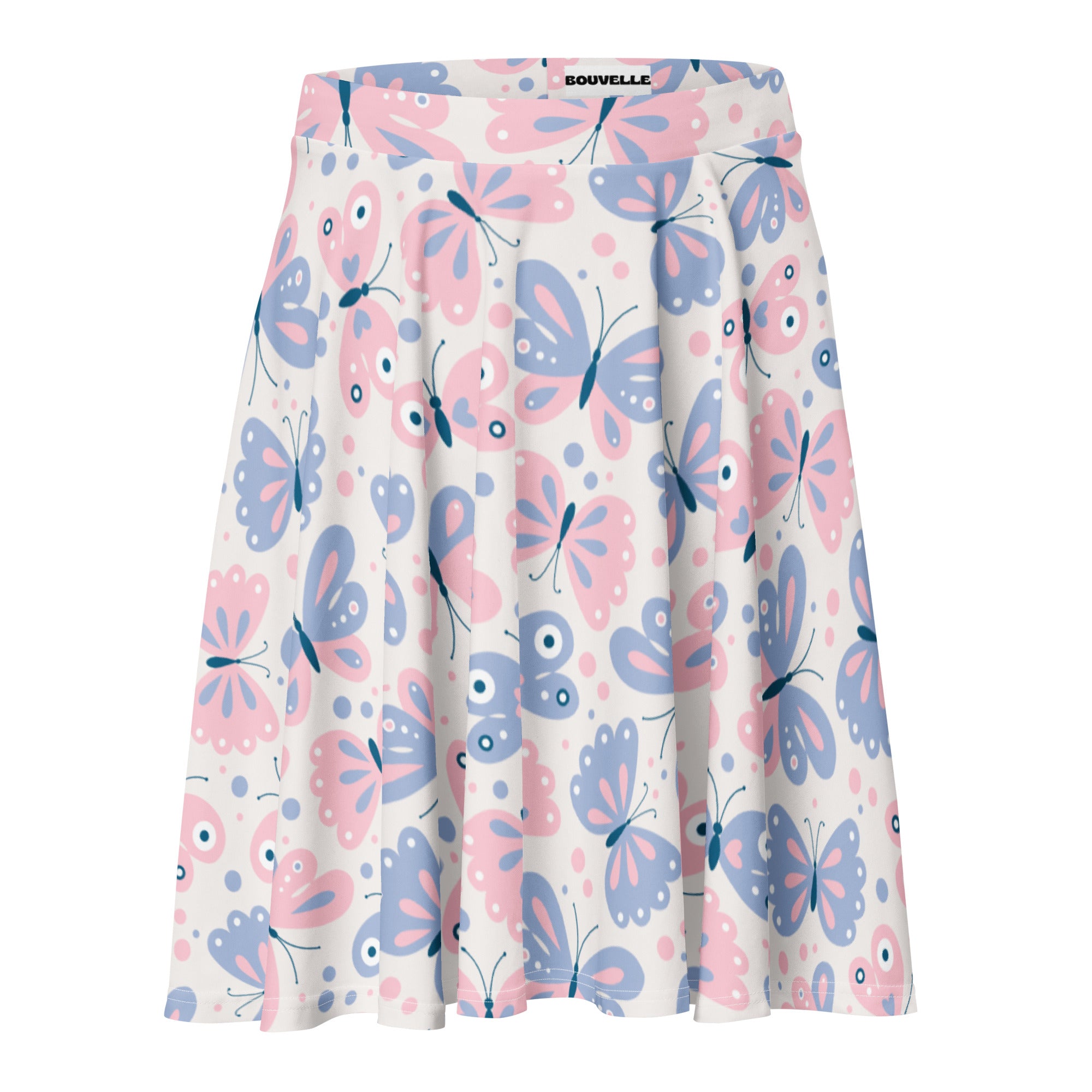 Women’s white pleated butterfly print skater skirt with pink lavender accents flowy high waisted recycled fabric upf 50+