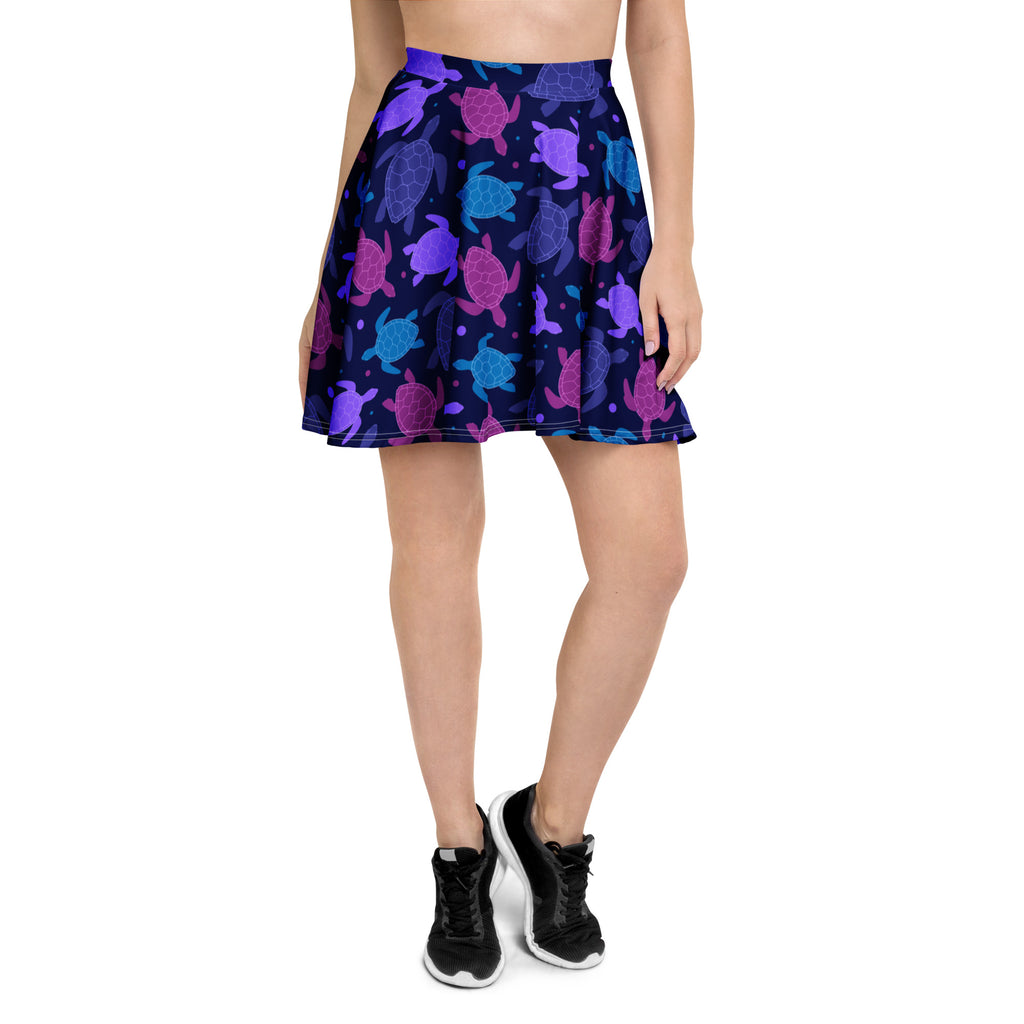 Women purple sea turtle skater skirt with vibrant multicolored pattern on dark navy flowy high waisted recycled fabric