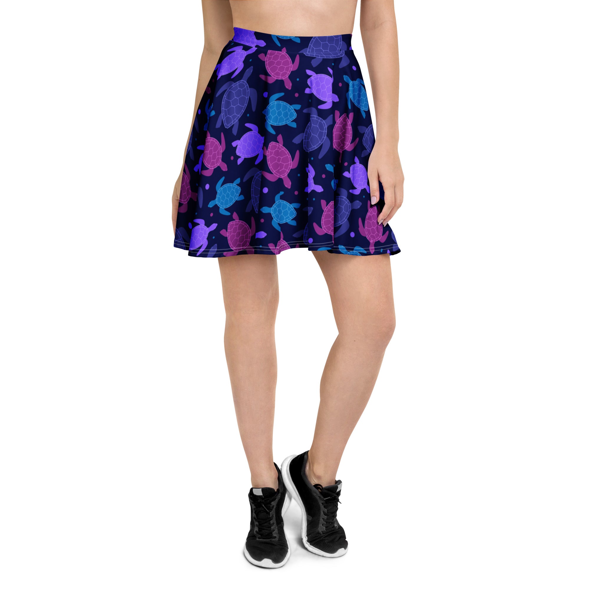 Women purple sea turtle skater skirt with vibrant multicolored pattern on dark navy flowy high waisted recycled fabric