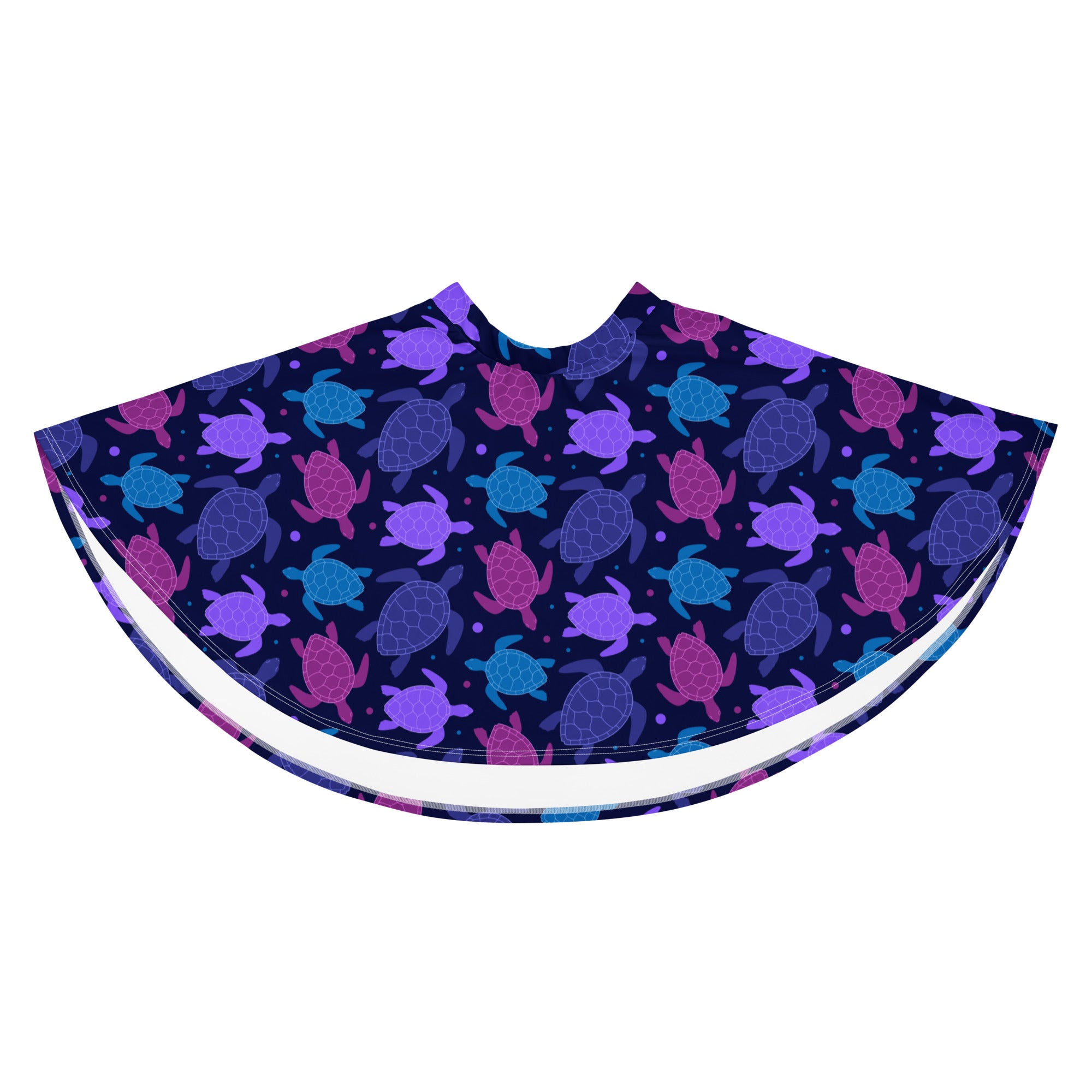 A navy blue barber cape with vibrant purple pink and teal sea turtles matching the women’s purple sea turtle skater skirt
