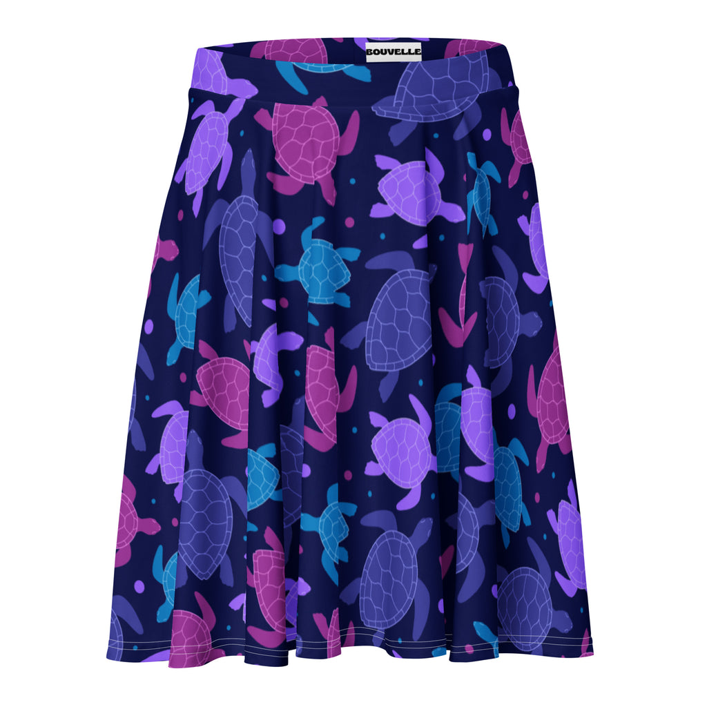 Navy blue women’s skater skirt with purple pink teal sea turtles flowy high waisted recycled fabric upf 50+