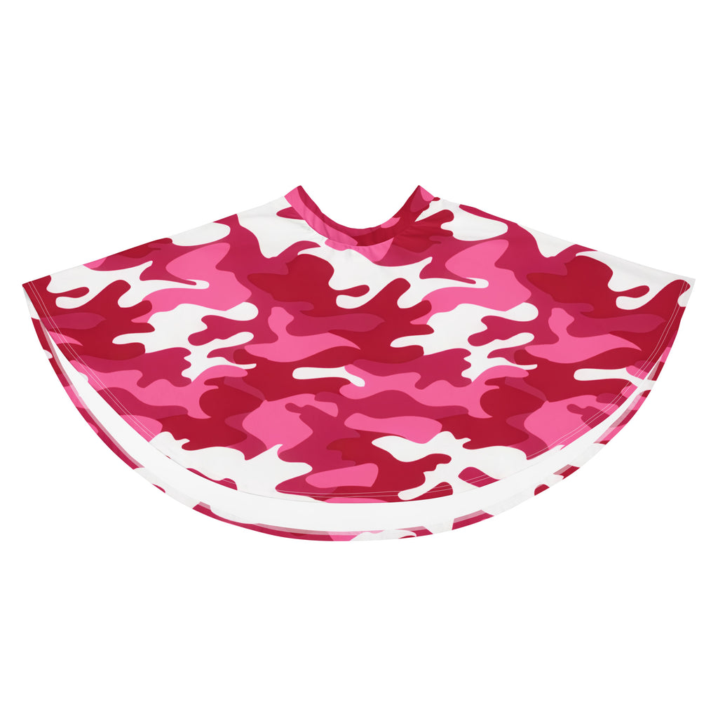 A pink and white camouflage fabric cape made of recycled material with flowy design and upf 50 plus protection