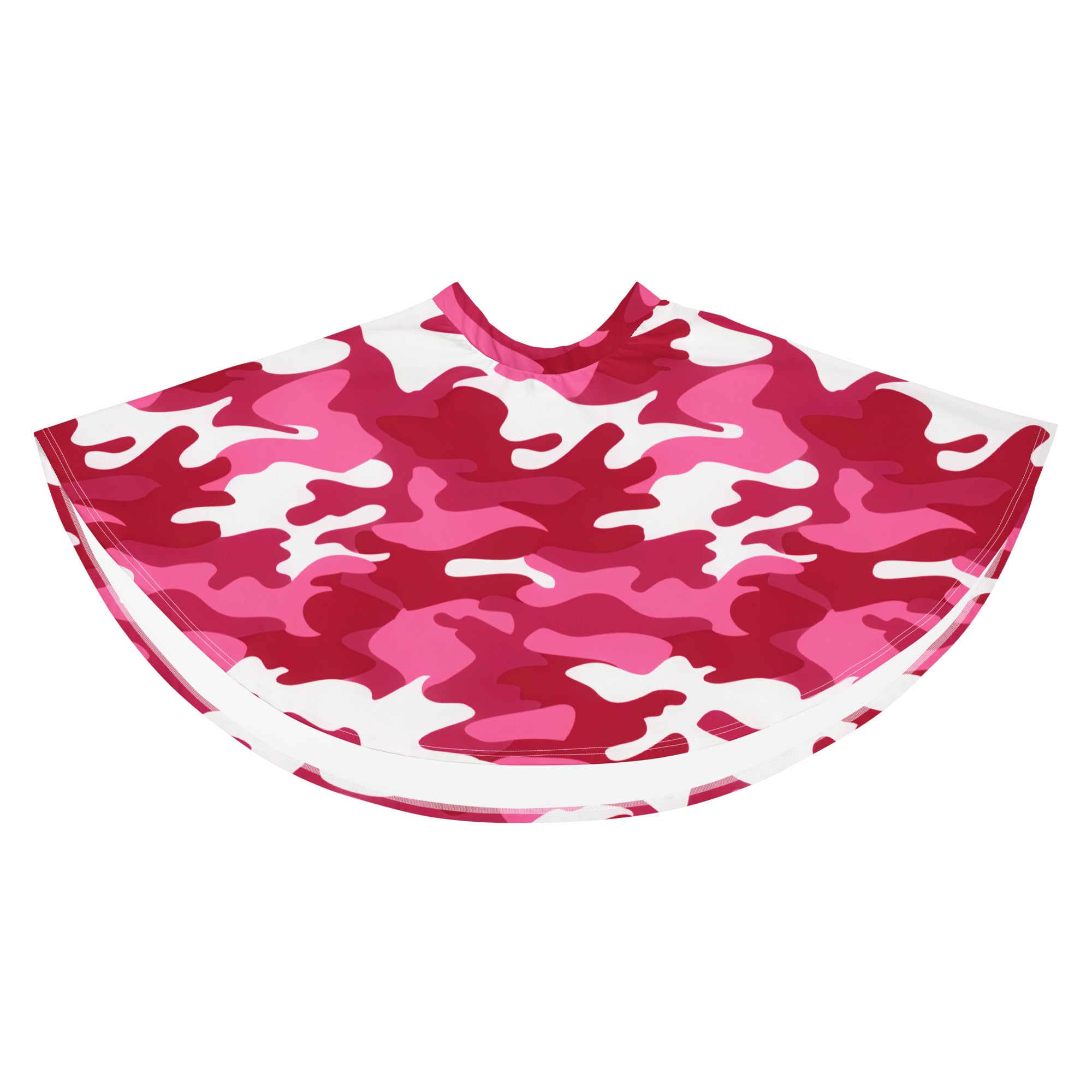 A pink and white camouflage fabric cape made of recycled material with flowy design and upf 50 plus protection