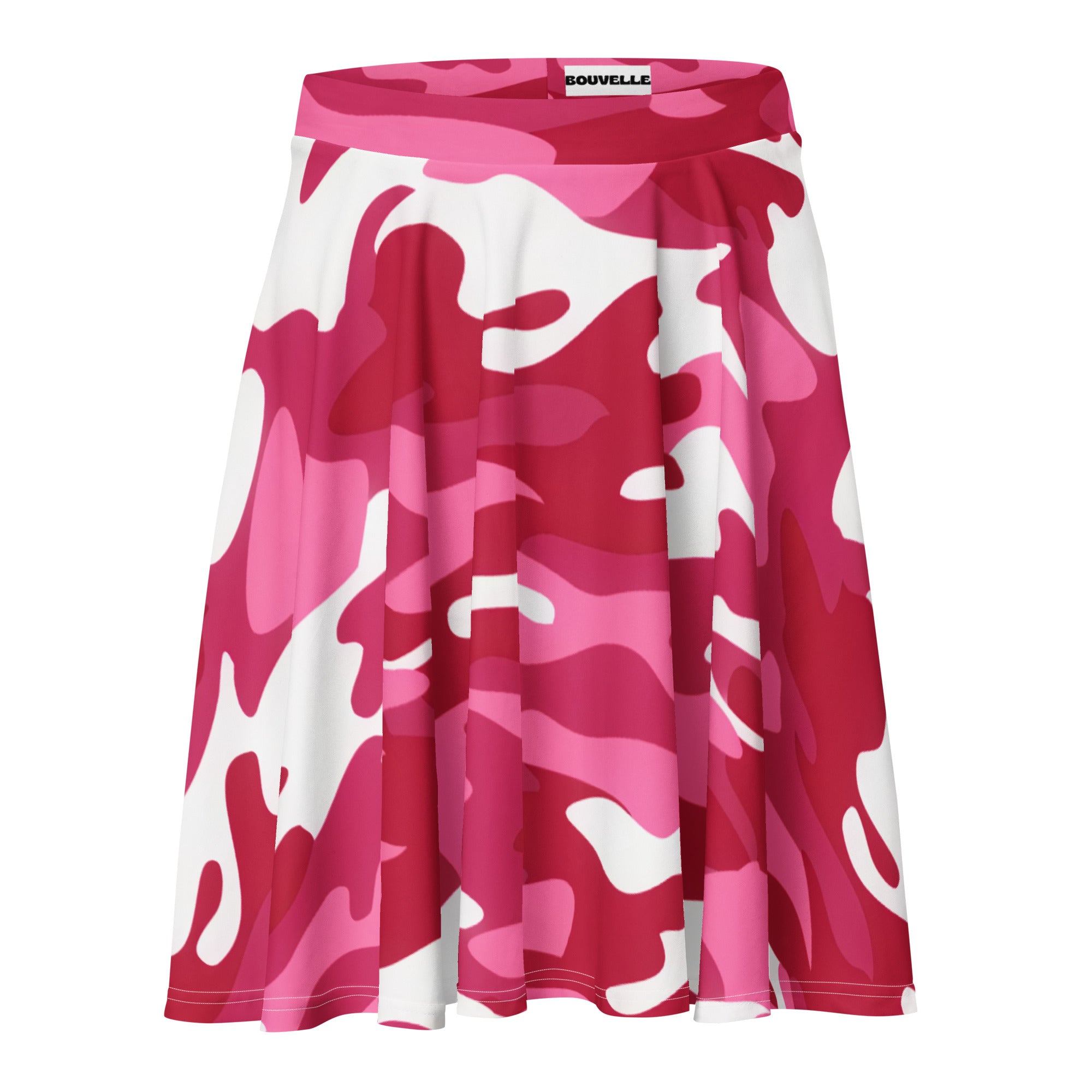 Women’s hot pink and white camouflage pleated skater skirt by bouvelle made with recycled fabric and upf 50 plus protection