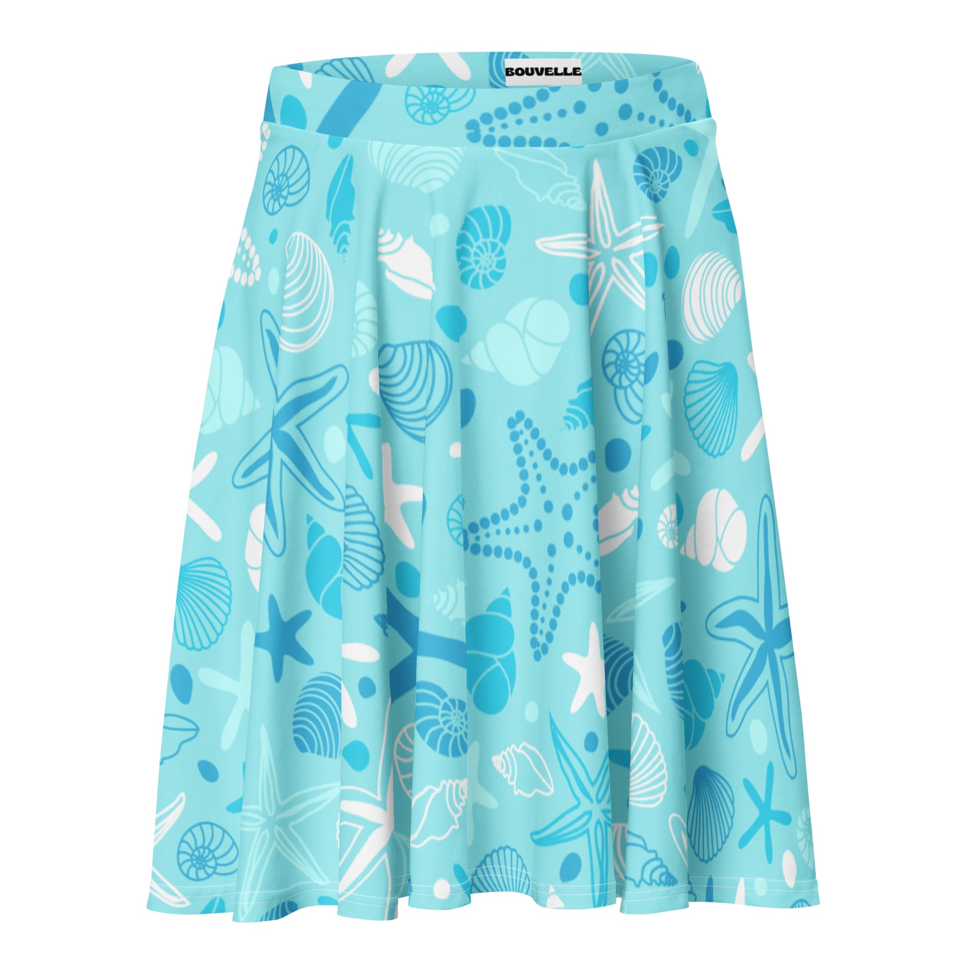 A light blue womens starfish and shells skater skirt with pleats flowy high waisted upf 50 plus recycled fabric