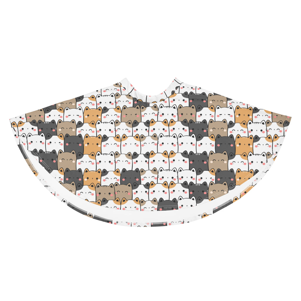 White women’s kawaii cat skater skirt with flowy high waisted fit featuring colorful cartoon cats and upf 50+ recycled fabric