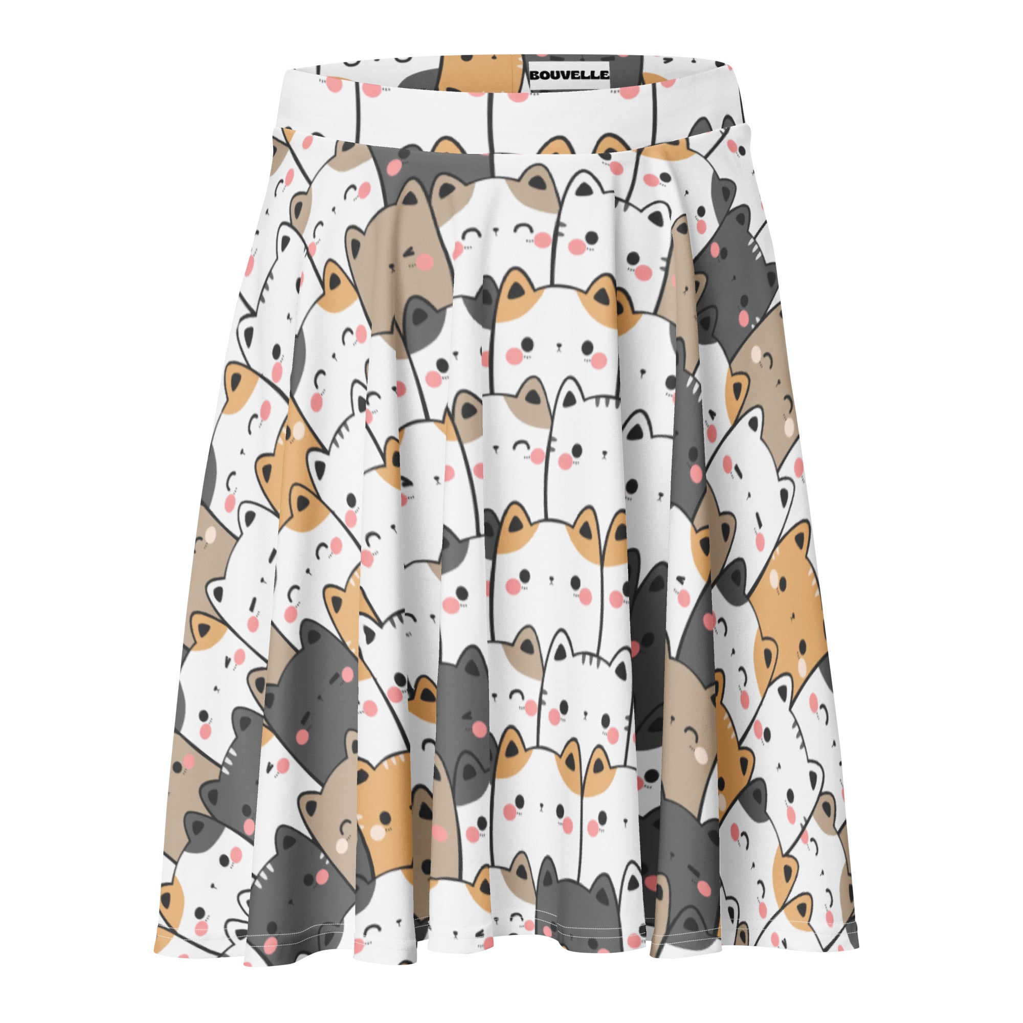 Women’s kawaii cat skater skirt in white pleated recycled fabric with gray beige and black cartoon cats and upf 50+ protection