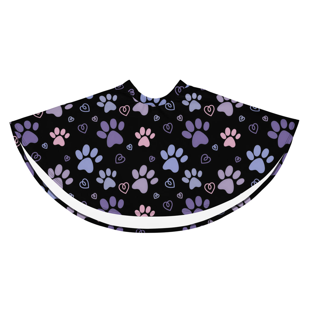 Black pet grooming cape with playful purple and pink paw prints and hearts for pet care use