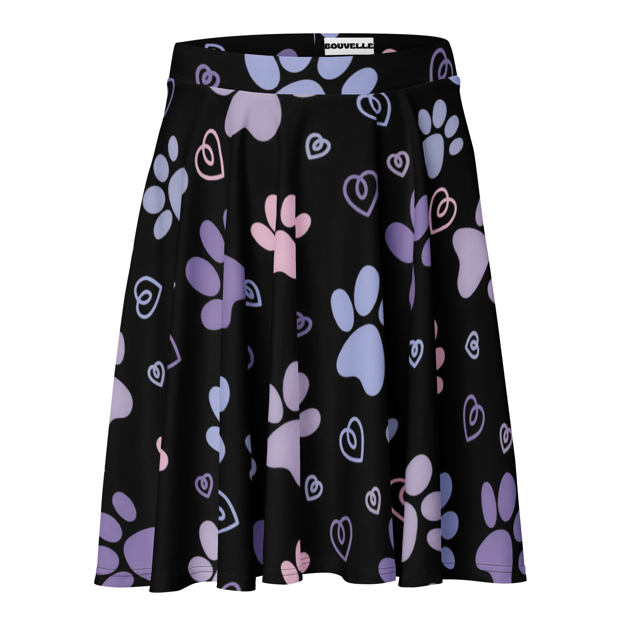 Women’s black pleated skater skirt with pastel purple and pink paw prints and hearts made from recycled fabric with upf 50+