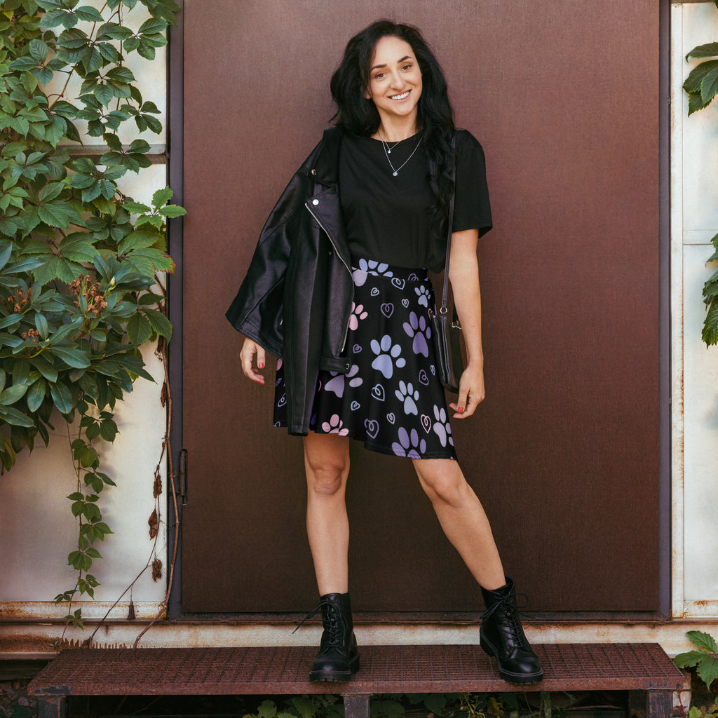 Women’s black skirt with purple and pink paw prints and hearts flowy high waisted with upf 50 plus recycled fabric
