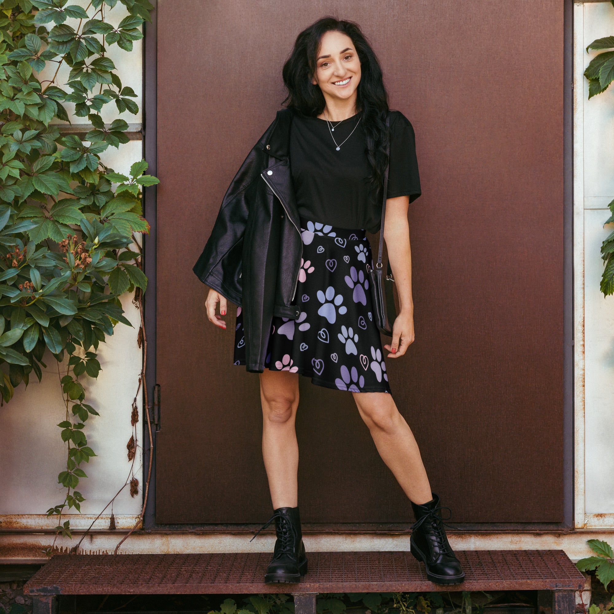 Women’s black skirt with purple and pink paw prints and hearts flowy high waisted with upf 50 plus recycled fabric