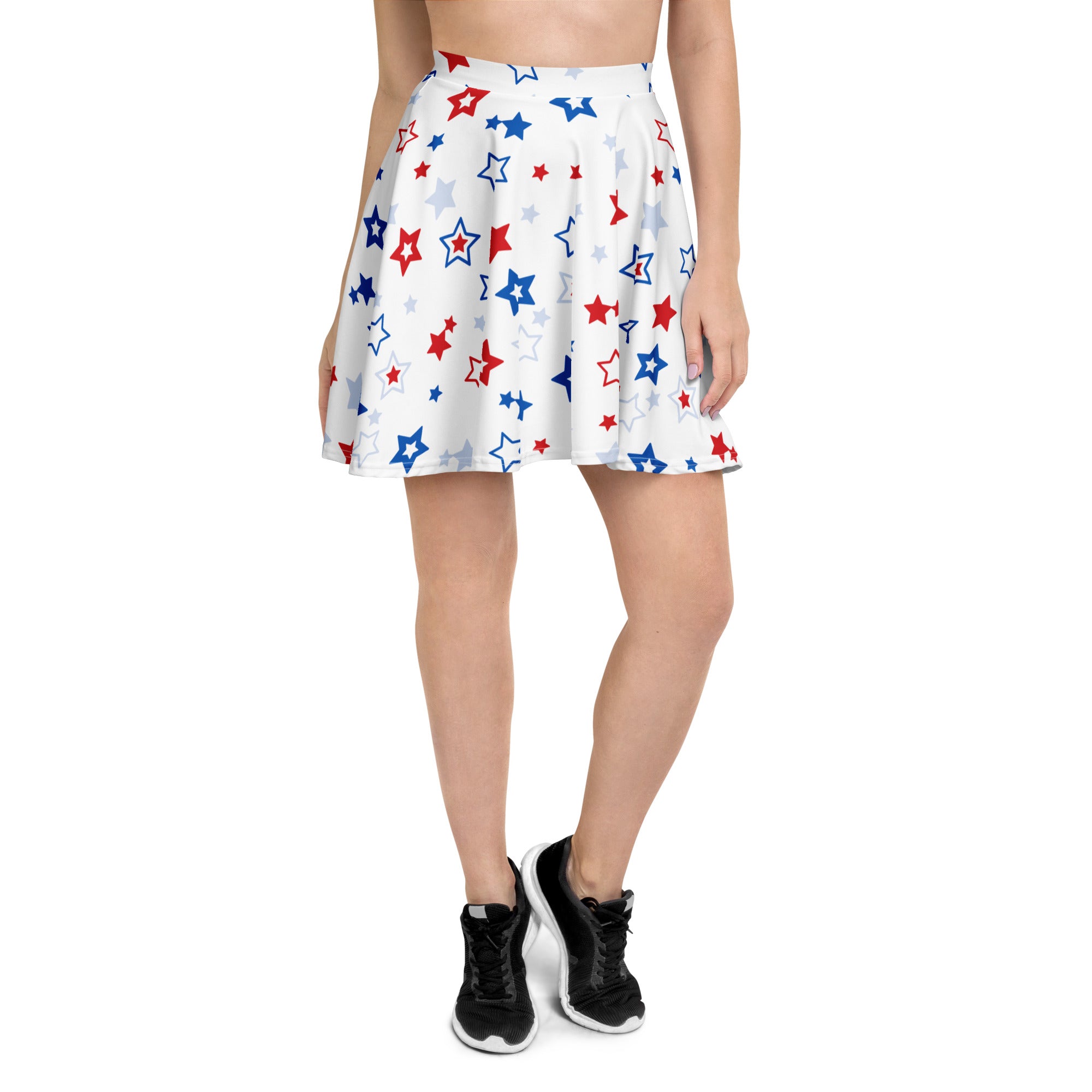 White pleated women’s usa stars skater skirt with red blue silver star pattern flowy high waisted recycled fabric upf 50+