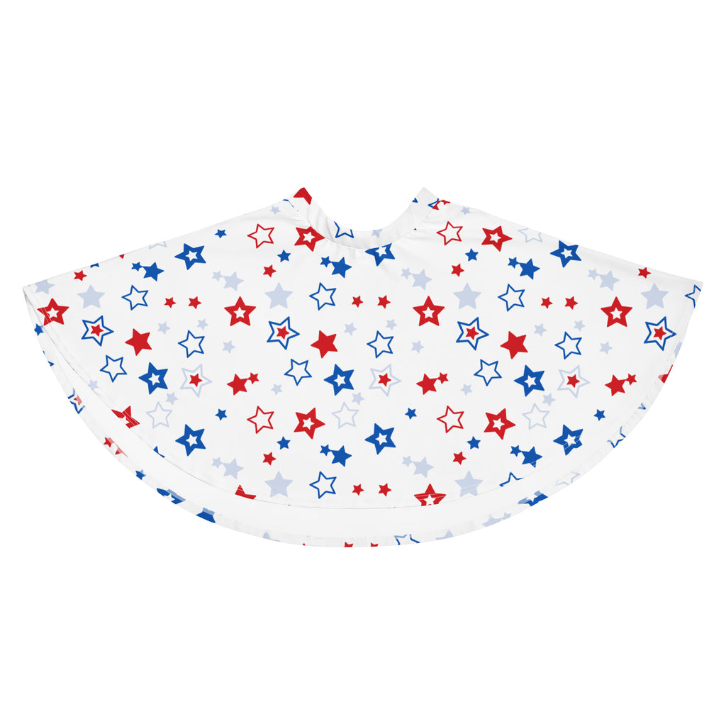 White cape with red blue and silver stars in a festive pattern complements women’s usa stars skater skirt with upf 50+ recycled fabric