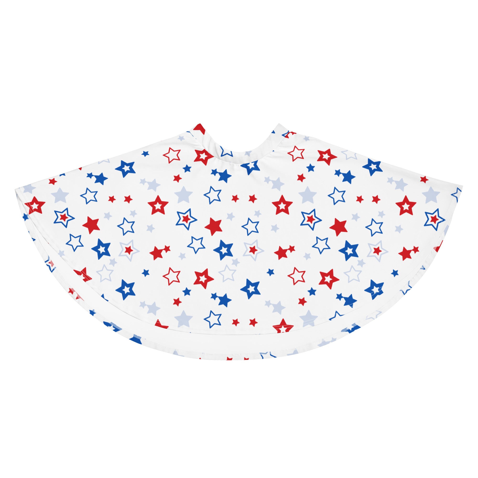 White cape with red blue and silver stars in a festive pattern complements women’s usa stars skater skirt with upf 50+ recycled fabric