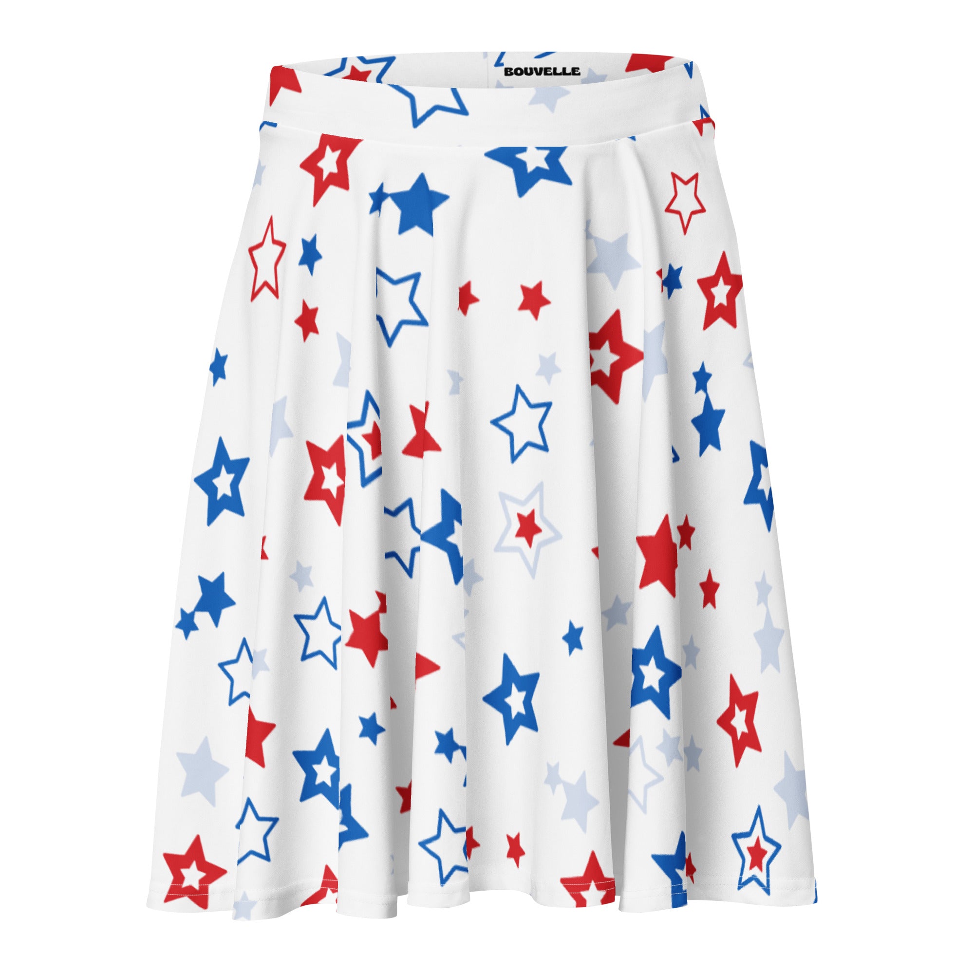 White pleated usa stars skater skirt with red blue and gray star pattern flowy high waisted upf 50 plus recycled fabric