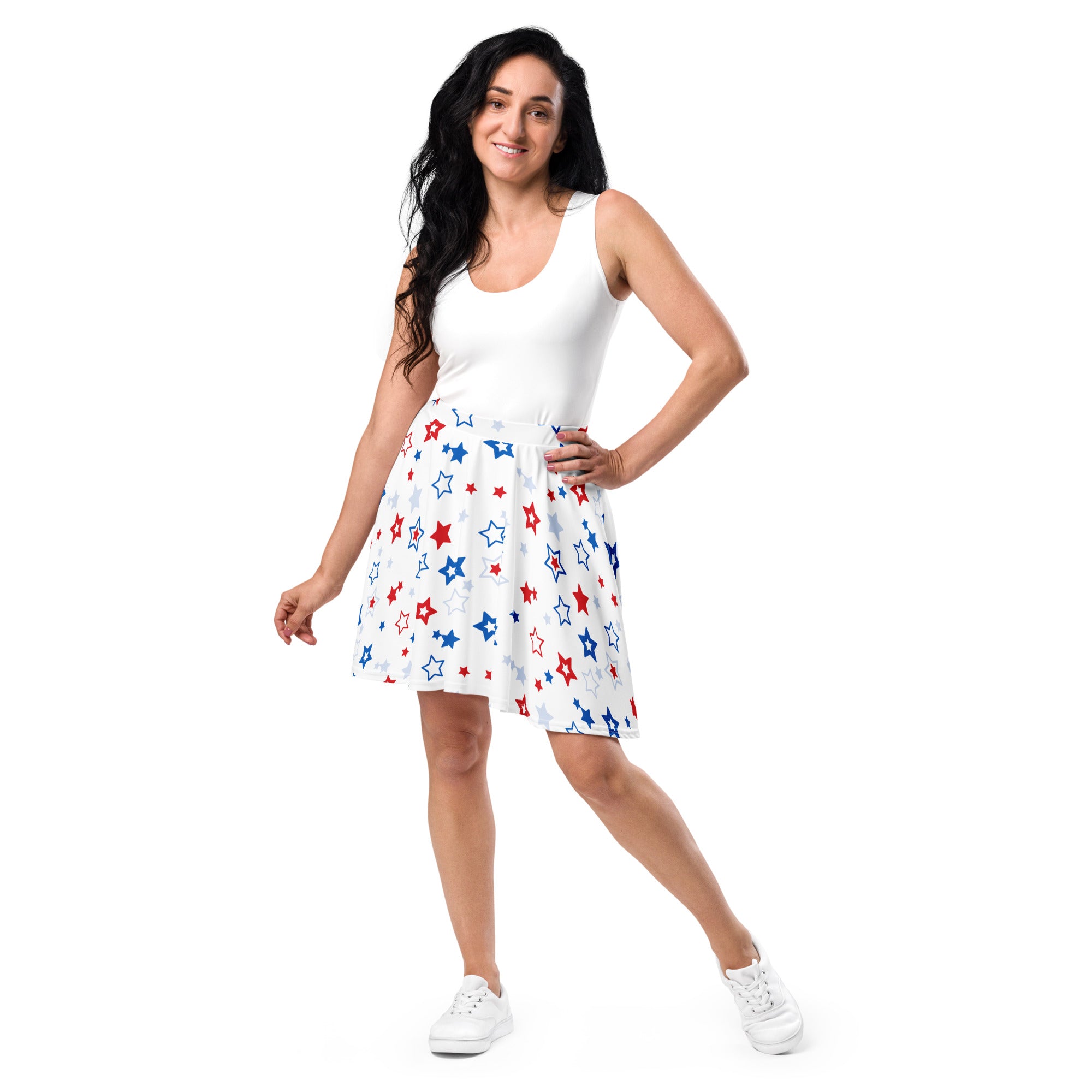 White a-line skater skirt with red white and blue star pattern flowy high waisted recycled fabric upf 50+