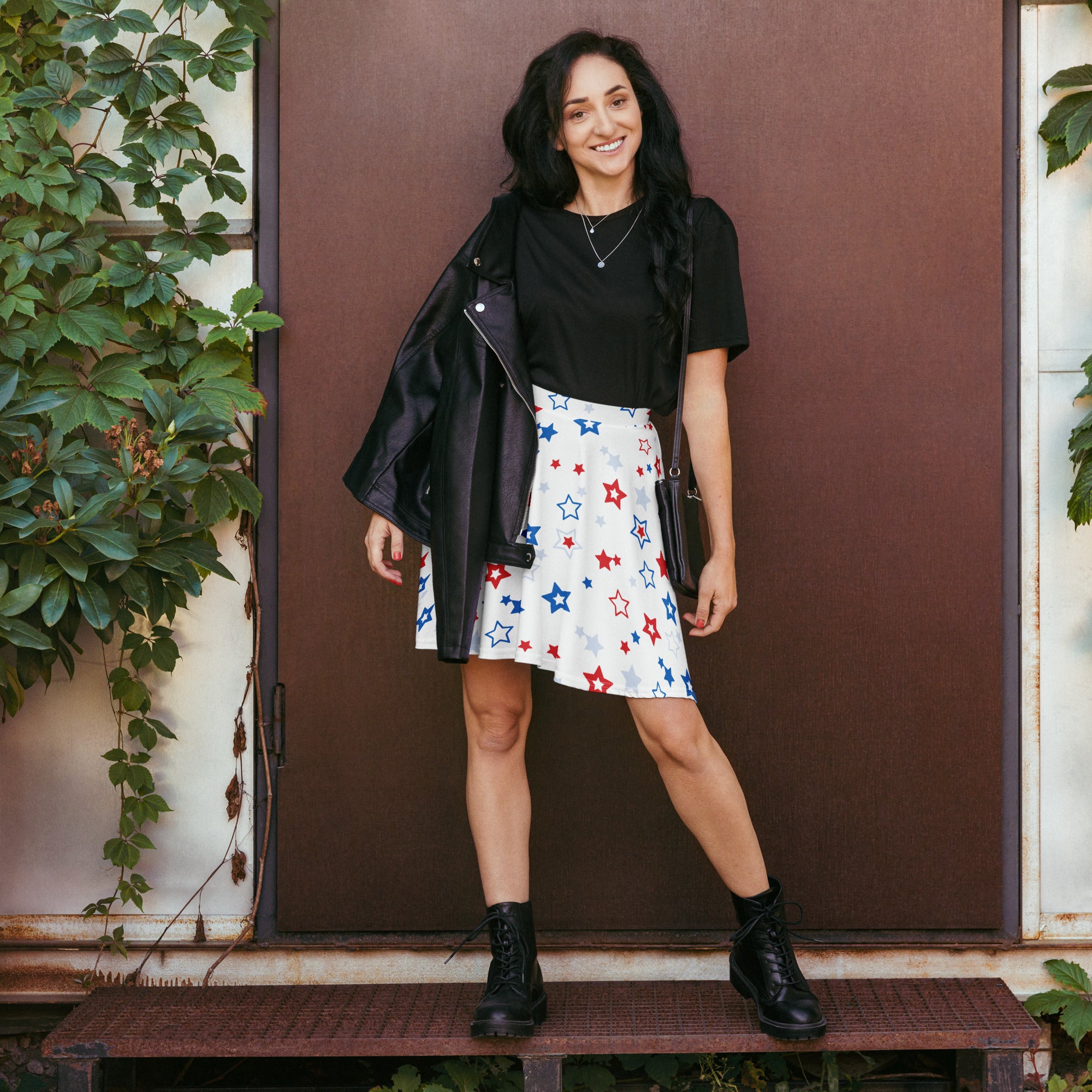 White women’s usa stars skater skirt with red blue and silver stars flowy high waisted upf 50 plus recycled fabric