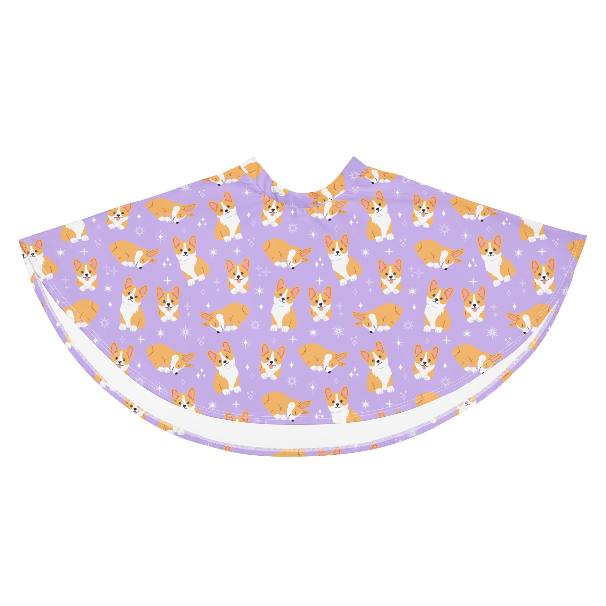 Purple corgi patterned cape with white trim featuring recycled fabric and upf 50 plus for sun protection