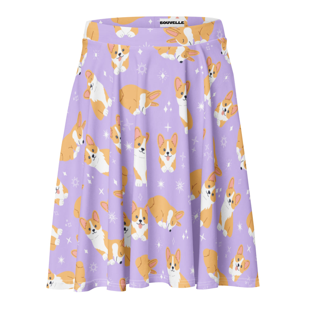 Women’s purple corgi dog skater skirt with playful orange and white corgi pattern and sparkling stars by bouvelle
