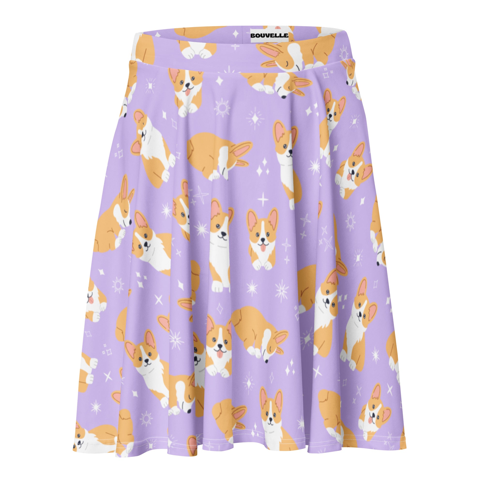 Women’s purple corgi dog skater skirt with playful orange and white corgi pattern and sparkling stars by bouvelle