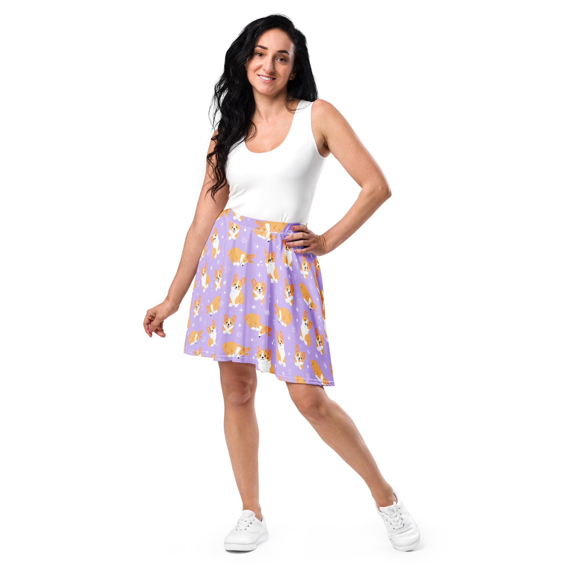 Women’s purple corgi dog skater skirt with flowy high waisted design upf 50 plus and recycled fabric featuring orange and white corgis