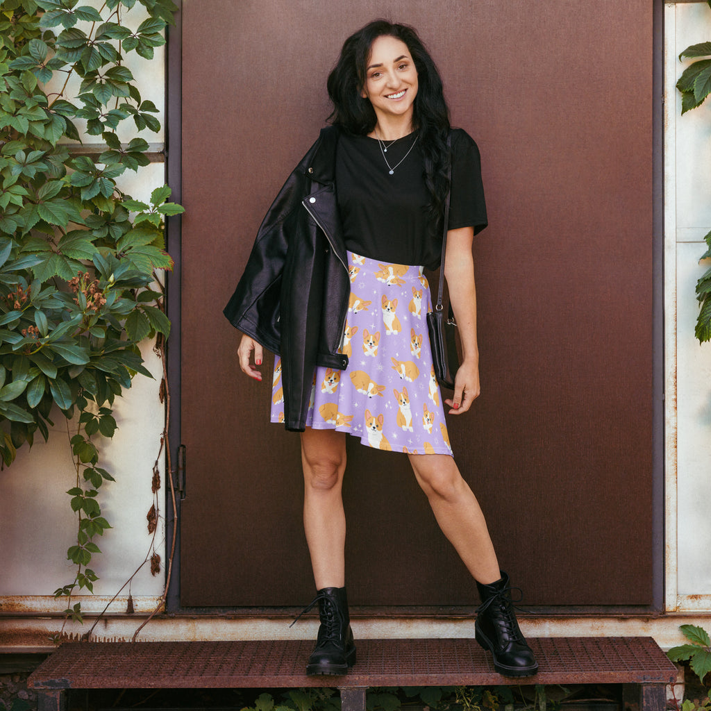 Women’s purple corgi dog skater skirt with playful orange and white corgi pattern flowy high waisted recycled fabric