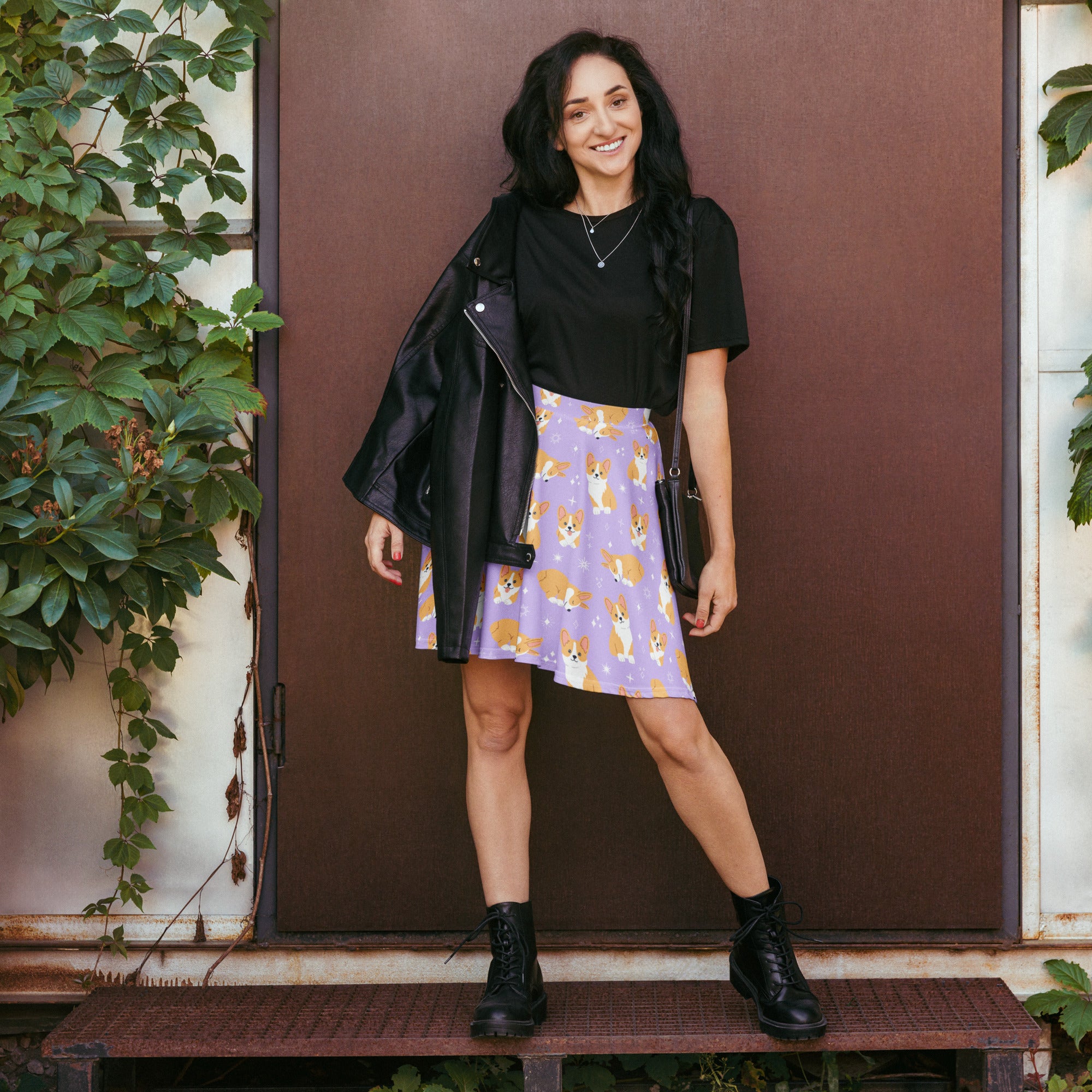 Women’s purple corgi dog skater skirt with playful orange and white corgi pattern flowy high waisted recycled fabric