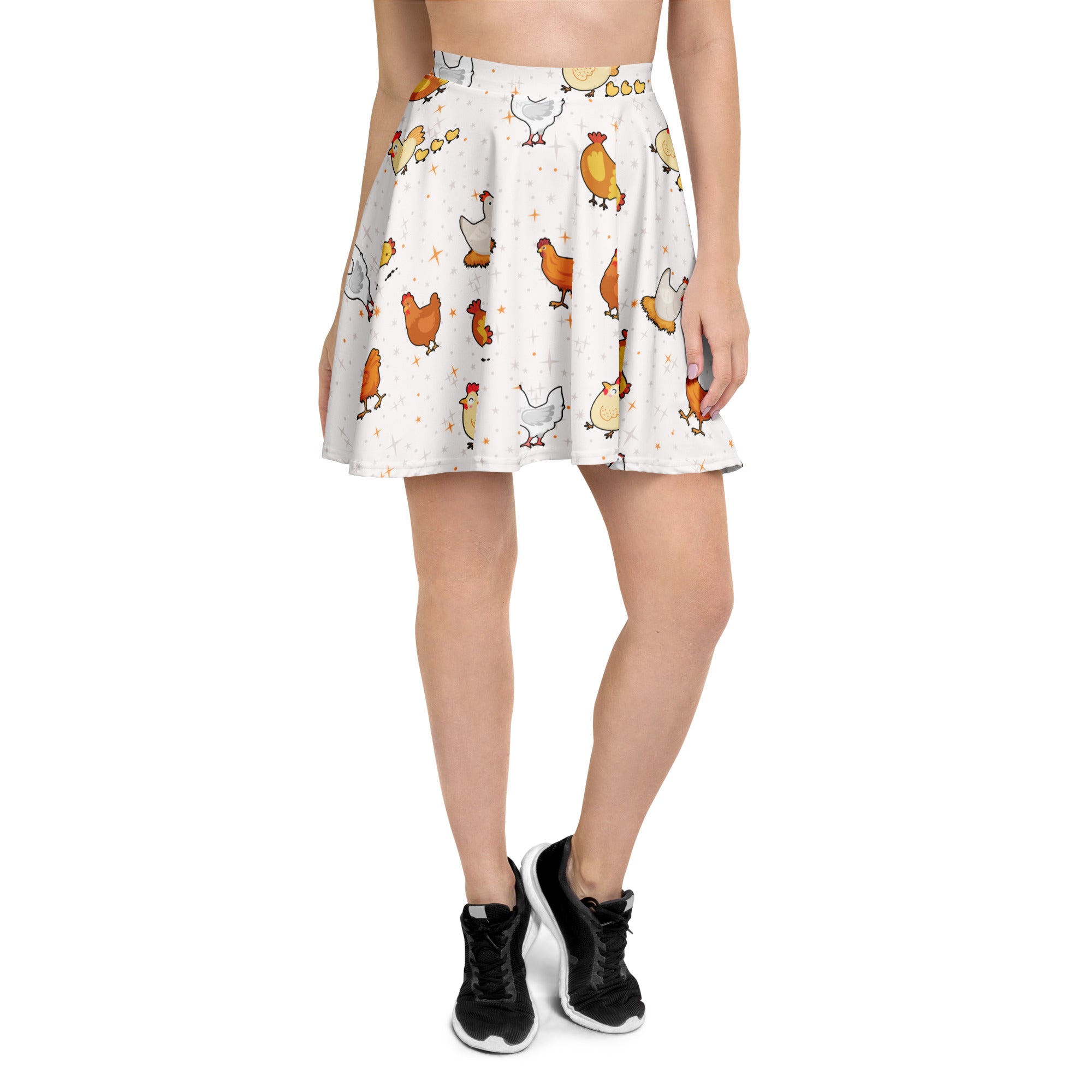 White women’s chicken skater skirt with playful multicolor cartoon pattern flowy high waisted upf 50 plus recycled fabric