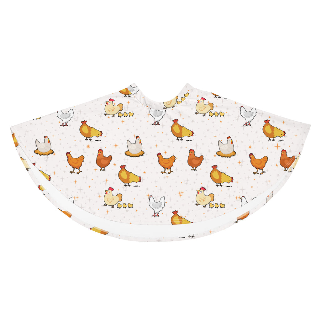 White women’s chicken skater skirt with playful multicolor cartoon pattern made from flowy recycled fabric with upf 50+